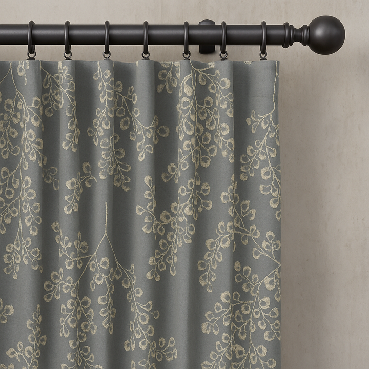 Linen Jacquard Curtains with Leafy Vine Pattern – Custom Sizes – 9 Colour Variants – Light Filtering or Blackout Lining – 4 Heading Styles