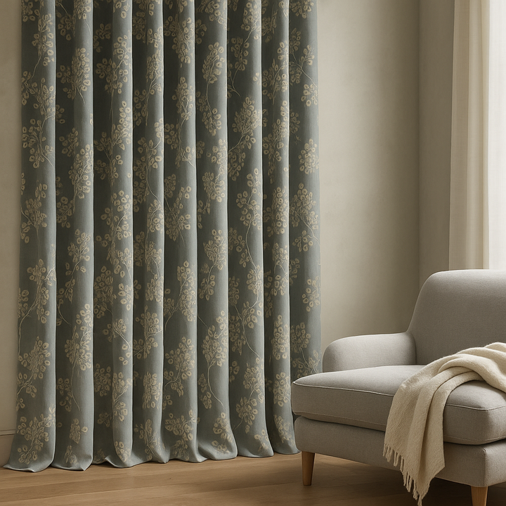 Linen Jacquard Curtains with Leafy Vine Pattern – Custom Sizes – 9 Colour Variants – Light Filtering or Blackout Lining – 4 Heading Styles