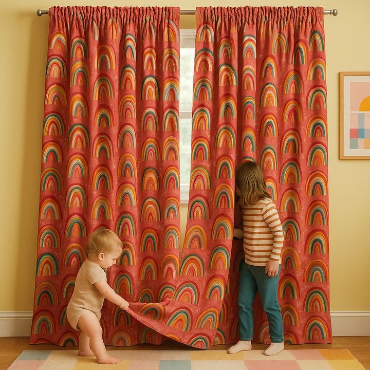 Rainbow Dreams Cotton Kids Curtains – Berry-Pink Bedroom Drapes, Light-Filtering or 100 % Blackout | Made to Measure