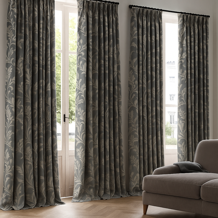 Luxury Linen Jacquard Curtains with Elegant Leaf Pattern – Custom Sizes & Blackout or Light-Filtering Options