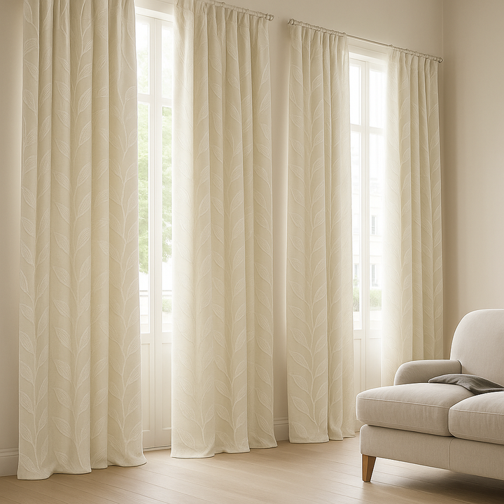 Luxury Linen Jacquard Curtains with Raised Leaf Pattern | Light-Filtering or Blackout Options | Custom Sizes