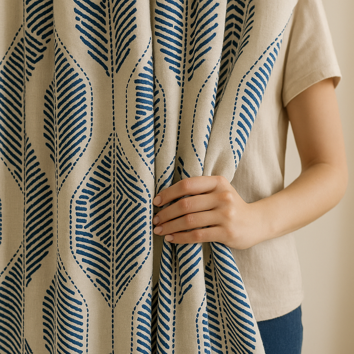 GOTS Certified Organic Linen Curtains with Embroidered Leaf Pattern – Custom Sizes, Multiple Heading Styles, Light Filtering or Blackout Liner