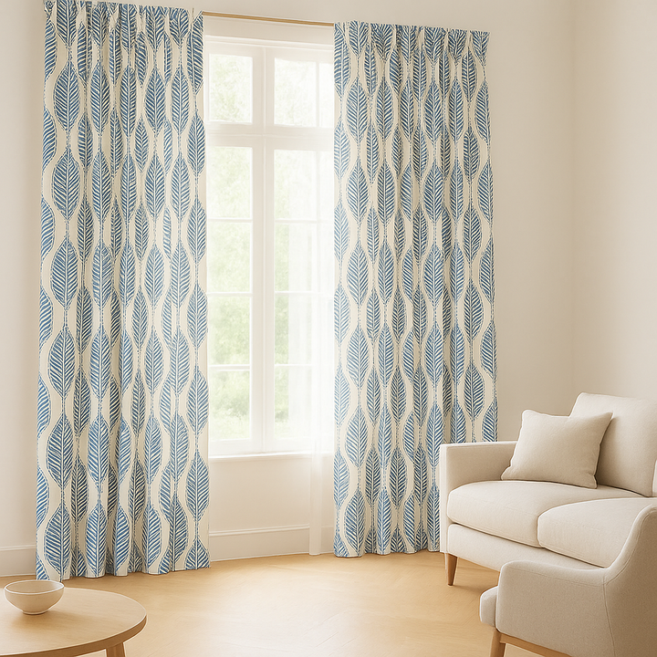 GOTS Certified Organic Linen Curtains with Embroidered Leaf Pattern – Custom Sizes, Multiple Heading Styles, Light Filtering or Blackout Liner