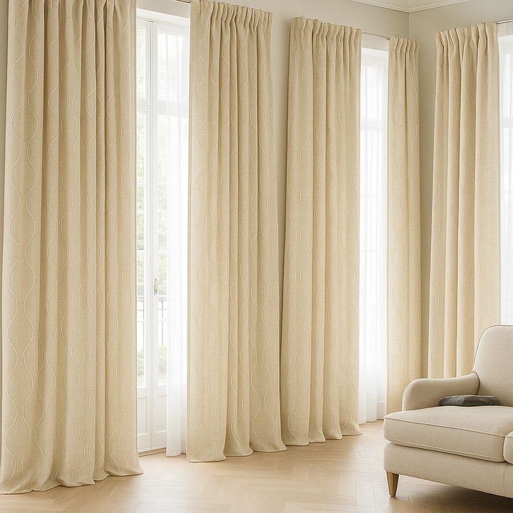 Luxury Linen Curtains with Wavy Embroidery – Custom Sizes & Light-Filtering or Blackout Options – GOTS Certified
