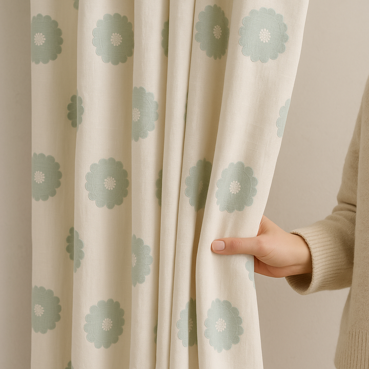 Organic Linen Embroidered Floral-Dot Curtains | Custom Sizes | Blackout & Light-Filtering Liners | GOTS & OEKO-TEX