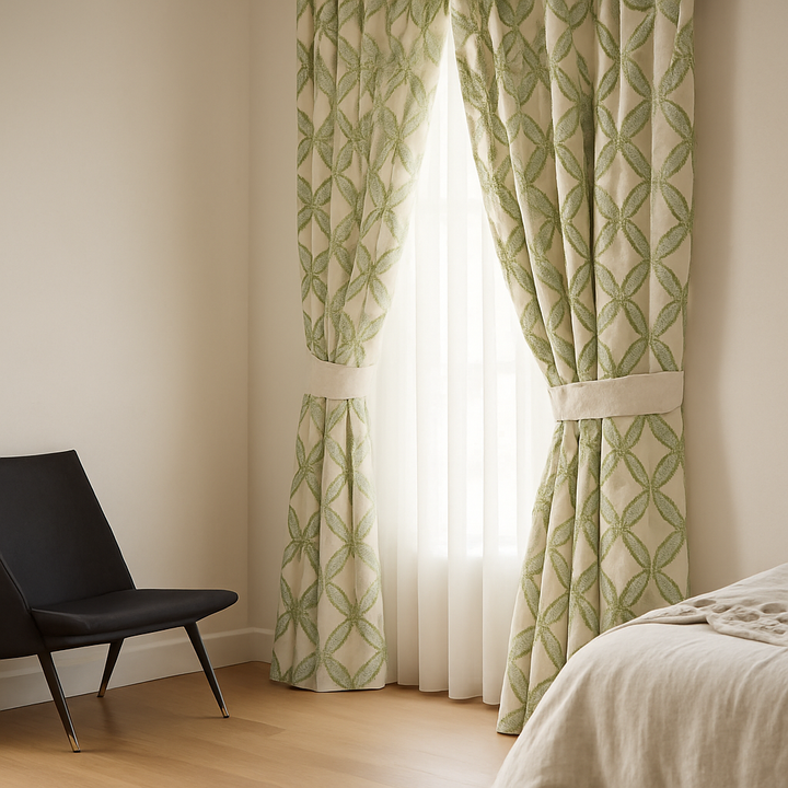 Custom Star Lattice Embroidered Organic Linen Curtains – Single Panel or Pair, Light-Filtering Cotton or 100 % Blackout Liner