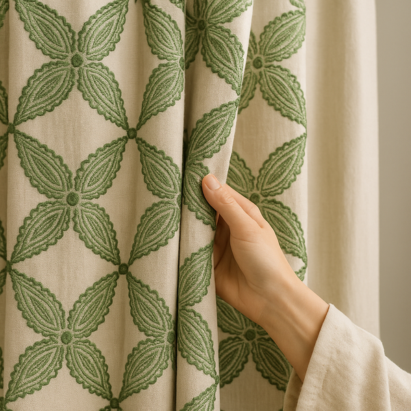 Custom Star Lattice Embroidered Organic Linen Curtains – Single Panel or Pair, Light-Filtering Cotton or 100 % Blackout Liner