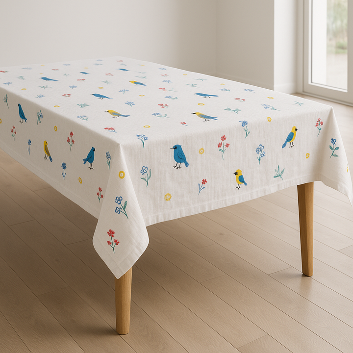 Embroidered Birds & Flowers Pure Linen Tablecloth – Square, Rectangular & Round – Custom Sizes Available – Elegant Table Cover for Dining & Living