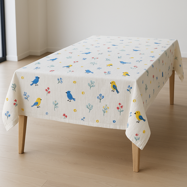 Embroidered Birds & Flowers Pure Linen Tablecloth – Square, Rectangular & Round – Custom Sizes Available – Elegant Table Cover for Dining & Living