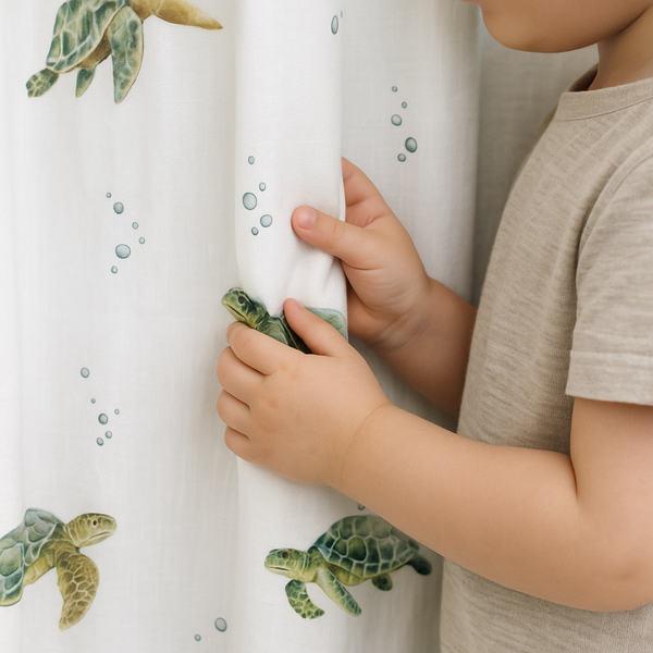Sea Turtle Print Pure Linen Kids Curtains - Custom Sizes, Light Filtering or 100% Blackout Lining Options - Multiple Heading Styles - Made to Measure Curtains