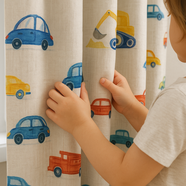 Kids Bedroom Linen Curtains With Fun Vehicle Print – Custom Sizes – Blackout & Light Filtering Options – Extra Wide & Long – Buy Single or Pair