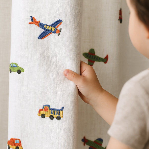 Kids Linen Curtains with Vehicles Embroidery | Custom Sizes | Blackout or Light Filtering | OEKO-TEX Certified