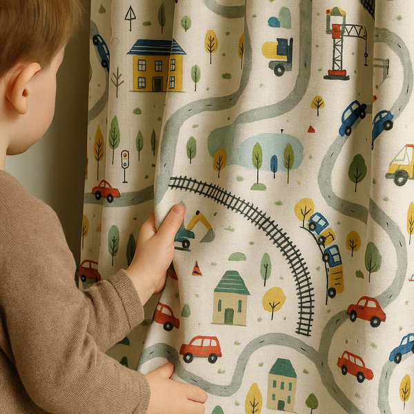 Kids Linen Road Map Curtains — Extra Wide, Blackout or Light Filtering, Custom Sizes