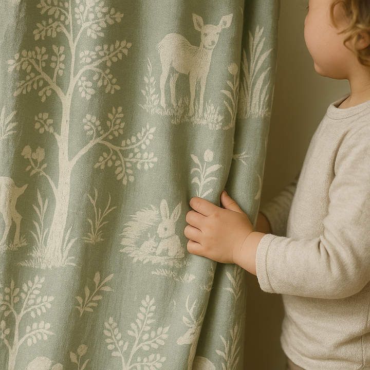 Sage Green Linen Curtains with Animal & Nature Print | Custom Sizes | Blackout & Light Filtering Options | Rod & Track Compatible