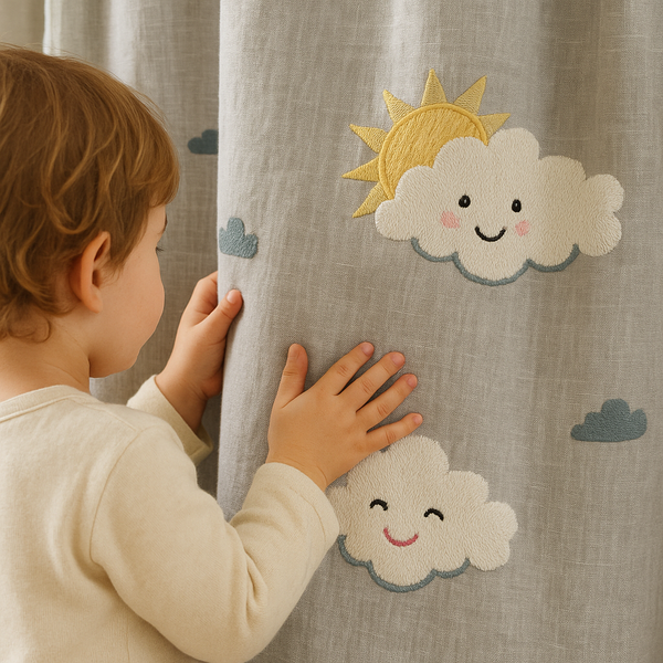 Kids Linen Curtains with Cute Clouds & Sun Embroidery | Extra Wide & Long | Blackout & Light Filtering Options | Custom Sizes | Nursery & Children’s Room Drapes