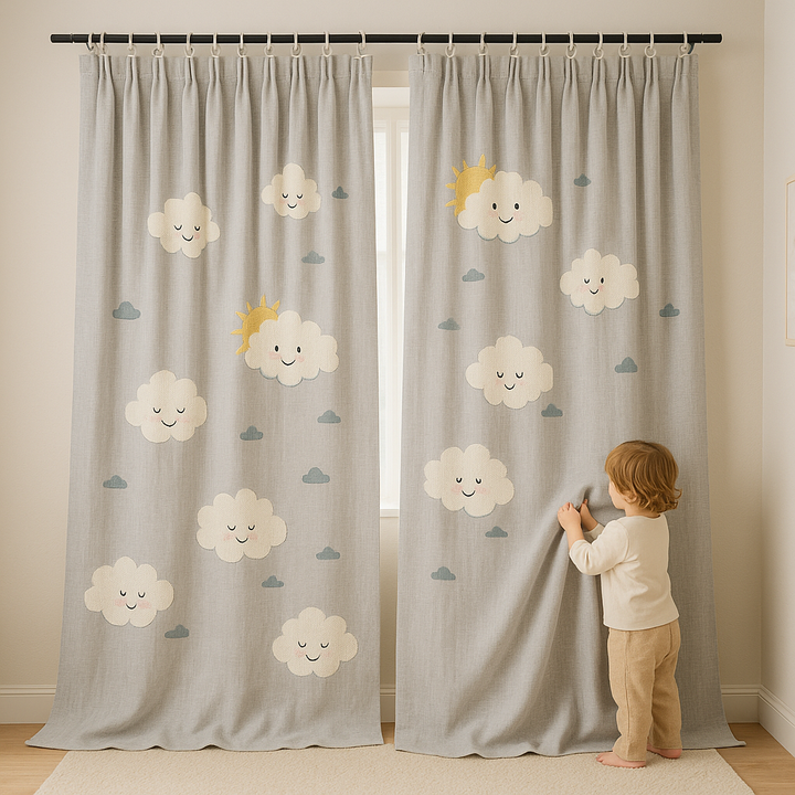 Kids Linen Curtains with Cute Clouds & Sun Embroidery | Extra Wide & Long | Blackout & Light Filtering Options | Custom Sizes | Nursery & Children’s Room Drapes