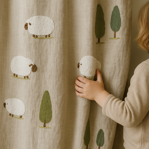 Embroidered Sheep Linen Curtains for Kids Room & Nursery — Custom Sizes — Single or Pair — Blackout or Cotton Lining — Rod & Track Compatible
