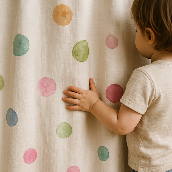 White Linen Polka Dot Curtains for Kids Room - Custom Sizes, Blackout or Light Filtering Liners, Rod or Track Compatible
