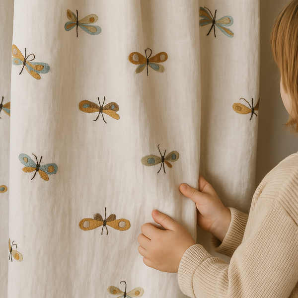 Embroidered Dragonfly Pure Linen Curtains for Kids Room – Custom Sizes, Blackout or Cotton Lined Options