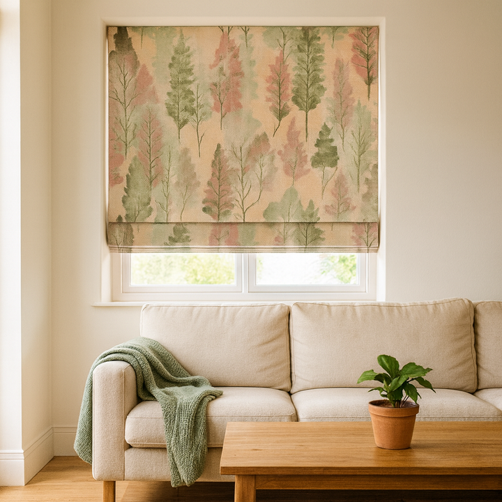 Custom Watercolour Forest Linen Roman Blinds – Made-to-Measure, OEKO-TEX 100, Blackout or Light-Filtering, Ships Worldwide