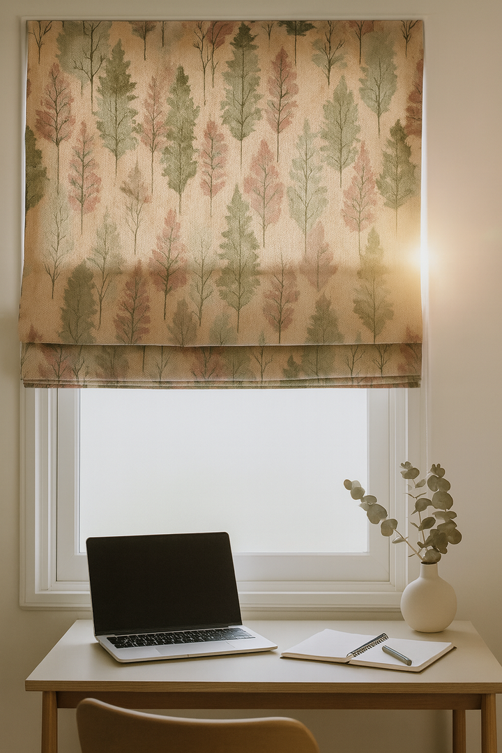 Custom Watercolour Forest Linen Roman Blinds – Made-to-Measure, OEKO-TEX 100, Blackout or Light-Filtering, Ships Worldwide