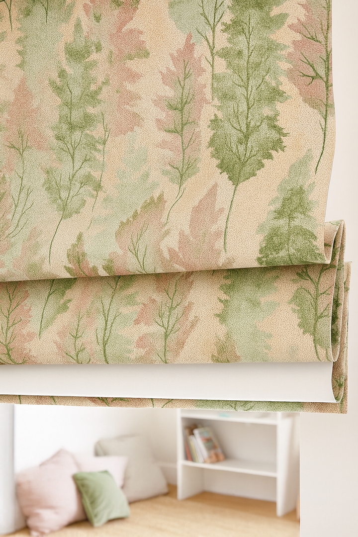 Custom Watercolour Forest Linen Roman Blinds – Made-to-Measure, OEKO-TEX 100, Blackout or Light-Filtering, Ships Worldwide