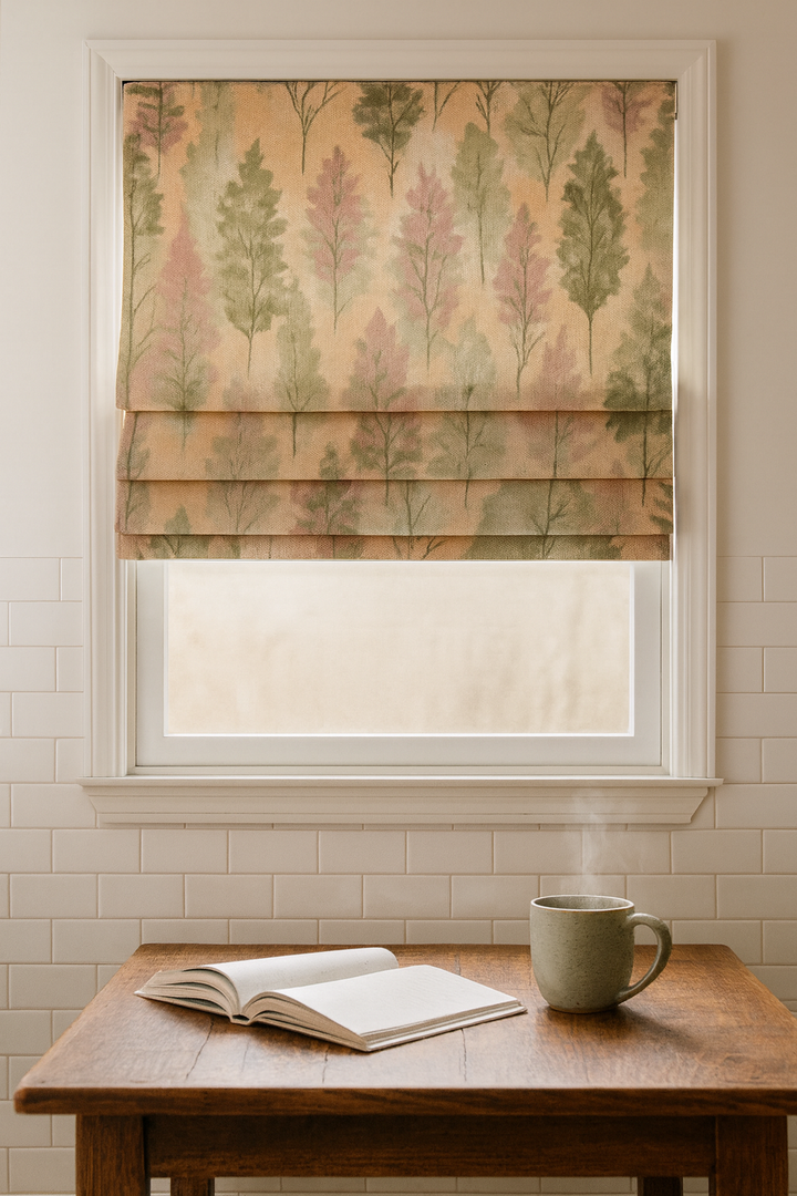 Custom Watercolour Forest Linen Roman Blinds – Made-to-Measure, OEKO-TEX 100, Blackout or Light-Filtering, Ships Worldwide