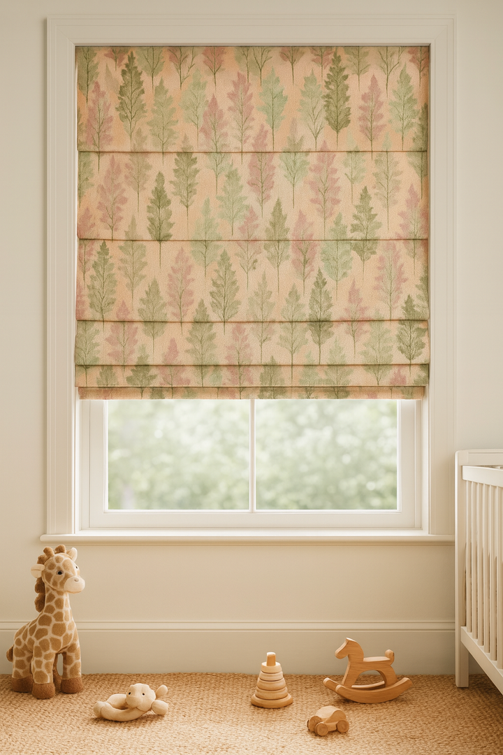 Custom Watercolour Forest Linen Roman Blinds – Made-to-Measure, OEKO-TEX 100, Blackout or Light-Filtering, Ships Worldwide