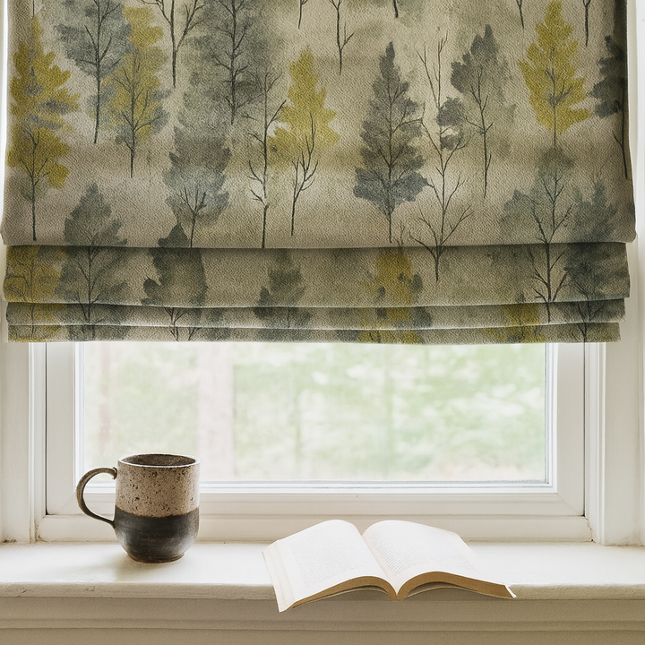 Custom Linen Roman Blinds – Watercolour Woodland Trees Print | Made-to-Measure Blackout or Light-Filtering Corded Shades