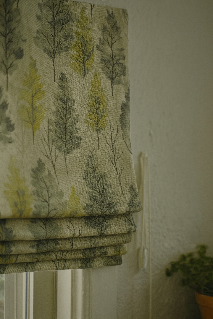 Custom Linen Roman Blinds – Watercolour Woodland Trees Print | Made-to-Measure Blackout or Light-Filtering Corded Shades
