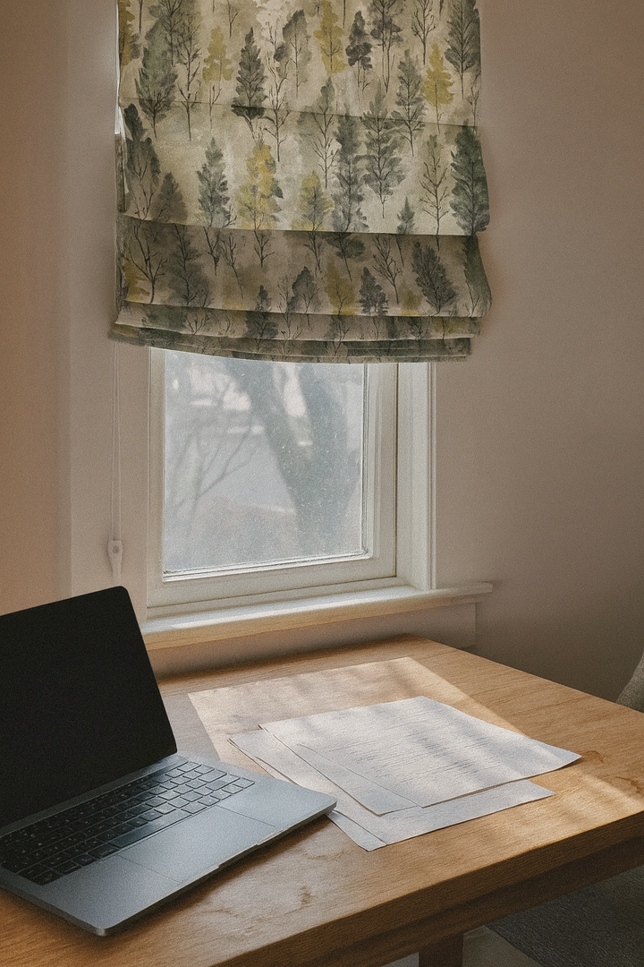 Custom Linen Roman Blinds – Watercolour Woodland Trees Print | Made-to-Measure Blackout or Light-Filtering Corded Shades
