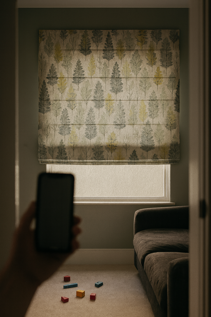 Custom Linen Roman Blinds – Watercolour Woodland Trees Print | Made-to-Measure Blackout or Light-Filtering Corded Shades