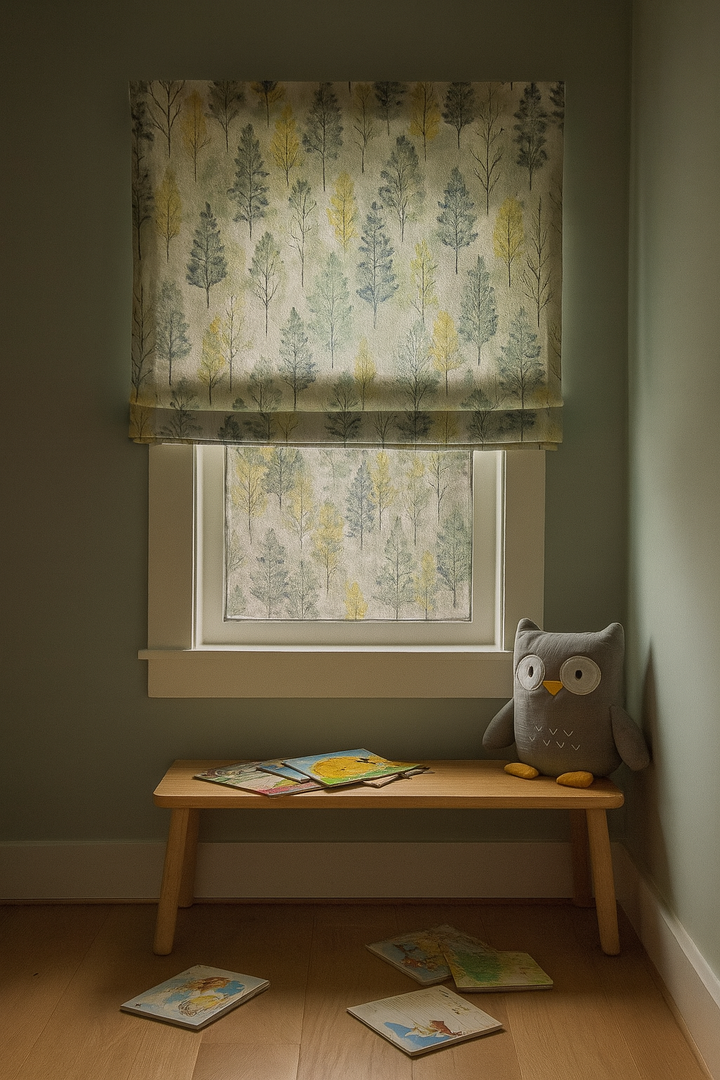 Custom Linen Roman Blinds – Watercolour Woodland Trees Print | Made-to-Measure Blackout or Light-Filtering Corded Shades