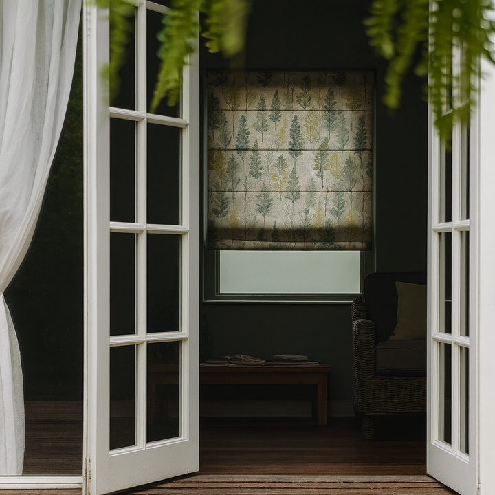 Custom Linen Roman Blinds – Watercolour Woodland Trees Print | Made-to-Measure Blackout or Light-Filtering Corded Shades