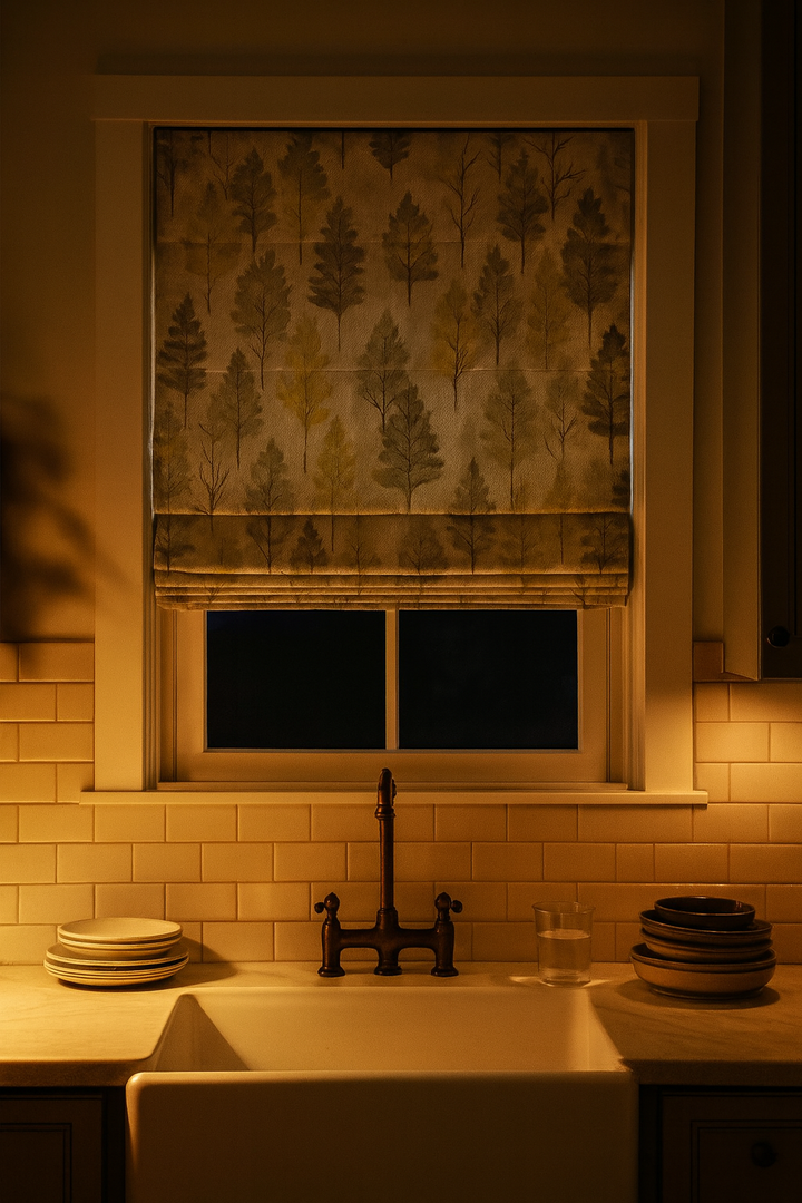Custom Linen Roman Blinds – Watercolour Woodland Trees Print | Made-to-Measure Blackout or Light-Filtering Corded Shades