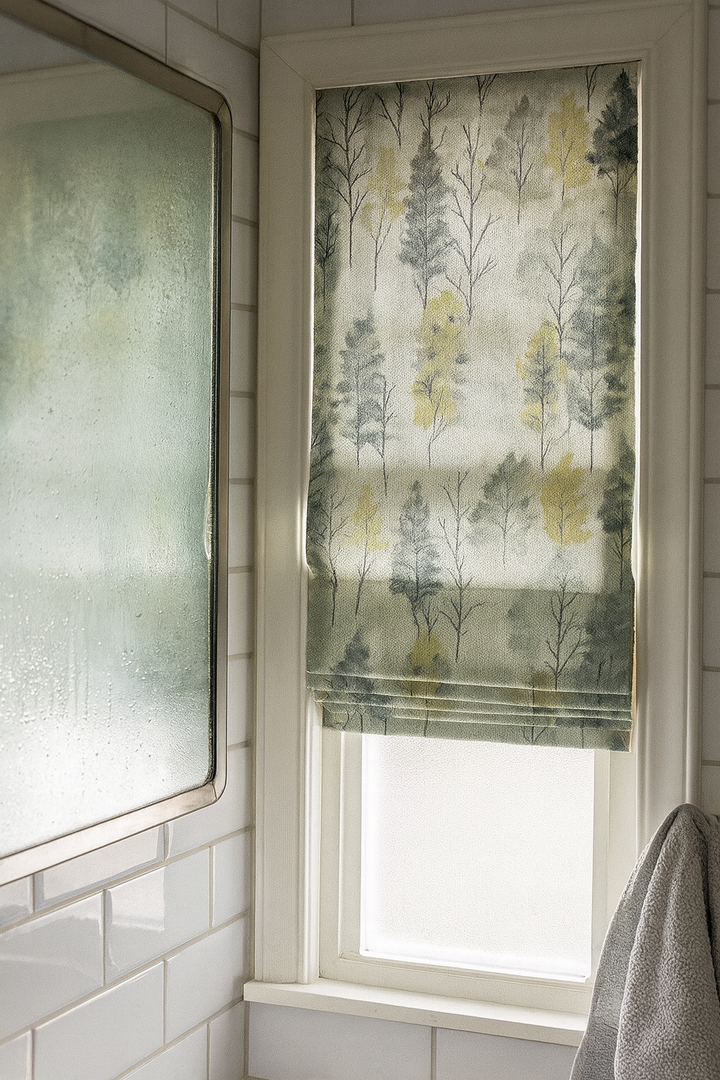 Custom Linen Roman Blinds – Watercolour Woodland Trees Print | Made-to-Measure Blackout or Light-Filtering Corded Shades
