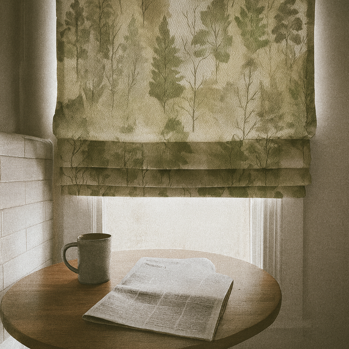 Made-to-Measure Woodland Sage Green Linen Roman Blind | OEKO-TEX Printed Trees | Custom Widths 18-54 in & Heights 24-120 in | Blackout or Cotton Liner | Worldwide Shipping