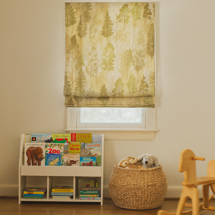 Made-to-Measure Woodland Sage Green Linen Roman Blind | OEKO-TEX Printed Trees | Custom Widths 18-54 in & Heights 24-120 in | Blackout or Cotton Liner | Worldwide Shipping