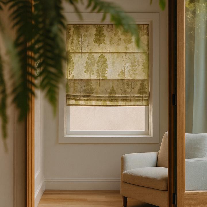 Made-to-Measure Woodland Sage Green Linen Roman Blind | OEKO-TEX Printed Trees | Custom Widths 18-54 in & Heights 24-120 in | Blackout or Cotton Liner | Worldwide Shipping