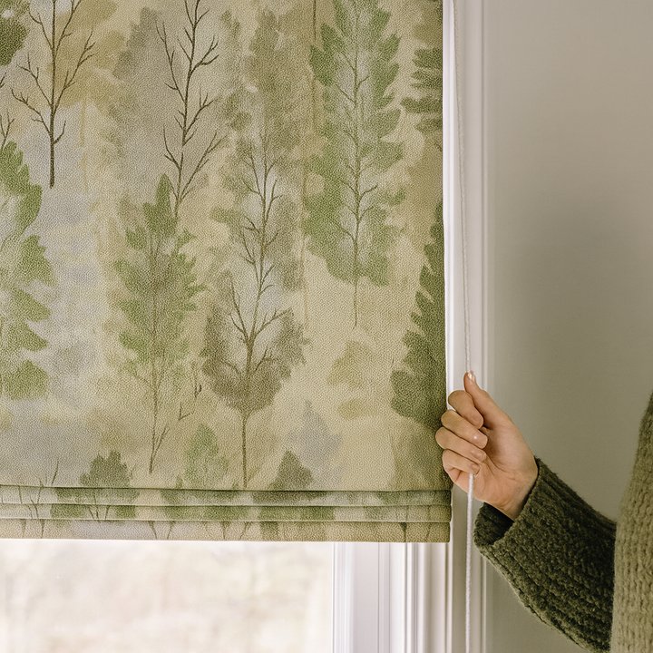 Made-to-Measure Woodland Sage Green Linen Roman Blind | OEKO-TEX Printed Trees | Custom Widths 18-54 in & Heights 24-120 in | Blackout or Cotton Liner | Worldwide Shipping