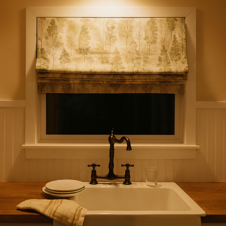 Made-to-Measure Woodland Sage Green Linen Roman Blind | OEKO-TEX Printed Trees | Custom Widths 18-54 in & Heights 24-120 in | Blackout or Cotton Liner | Worldwide Shipping