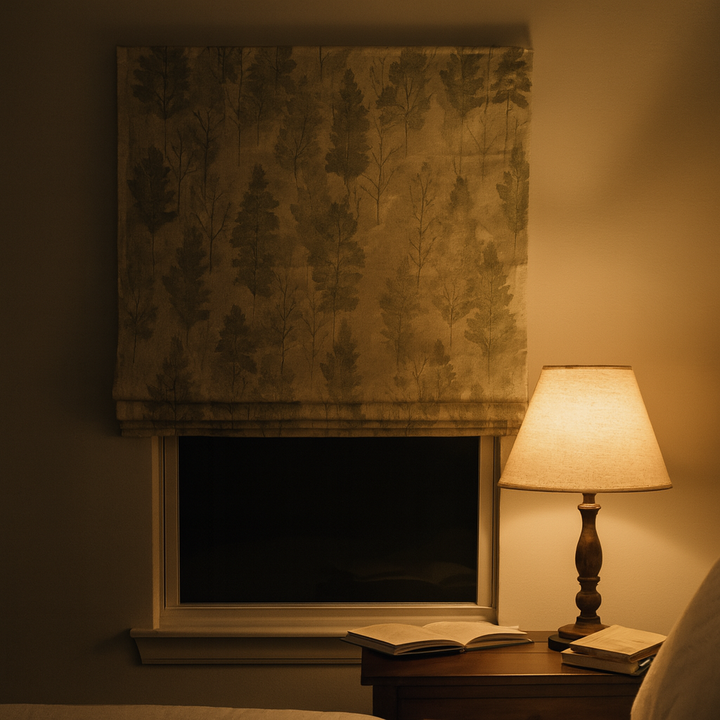 Made-to-Measure Woodland Sage Green Linen Roman Blind | OEKO-TEX Printed Trees | Custom Widths 18-54 in & Heights 24-120 in | Blackout or Cotton Liner | Worldwide Shipping