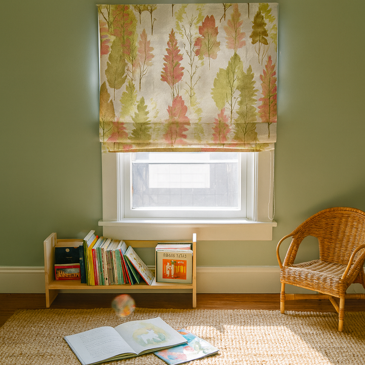 Custom Woodland Watercolour Linen Roman Blind – Corded, Made-to-Measure, Blackout or Light-Filtering