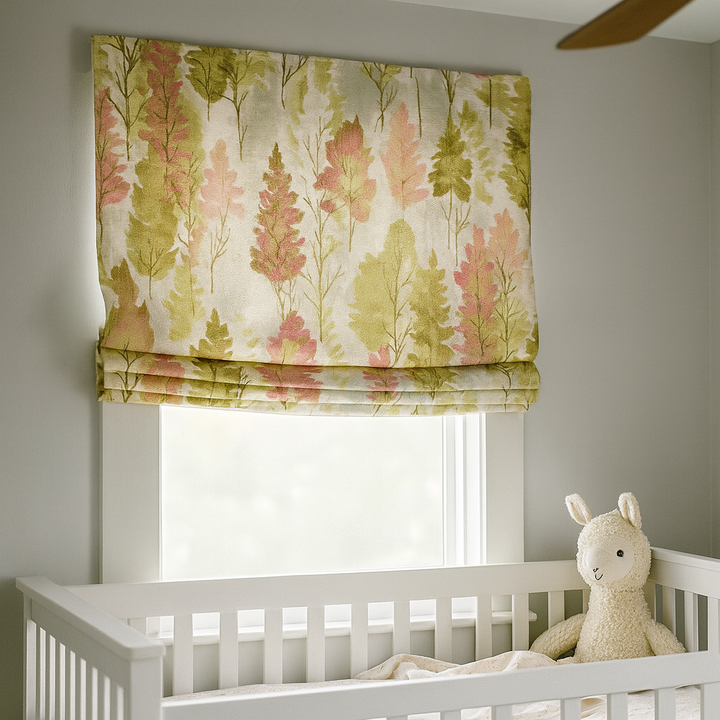 Custom Woodland Watercolour Linen Roman Blind – Corded, Made-to-Measure, Blackout or Light-Filtering