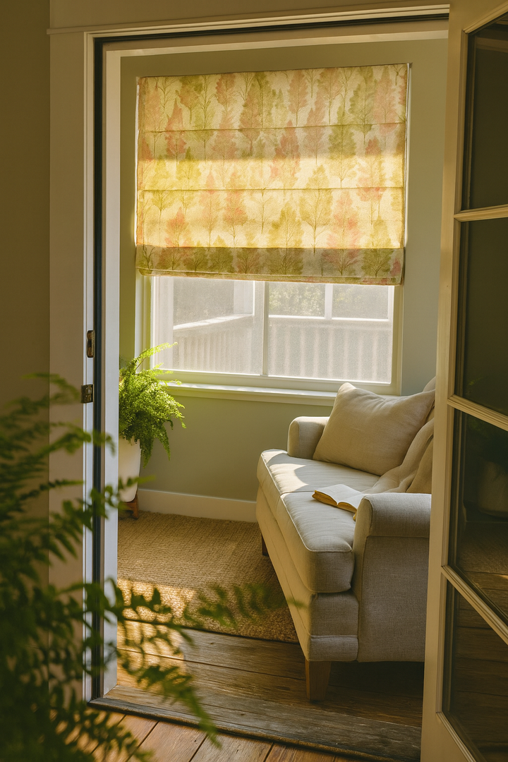 Custom Woodland Watercolour Linen Roman Blind – Corded, Made-to-Measure, Blackout or Light-Filtering