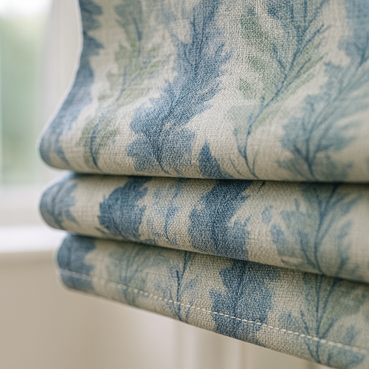 Custom Made-to-Measure Watercolour Woodland Linen Roman Blind – Blue & Sage Forest Print – Blackout or Light-Filtering – OEKO-TEX® Certified – Worldwide Delivery