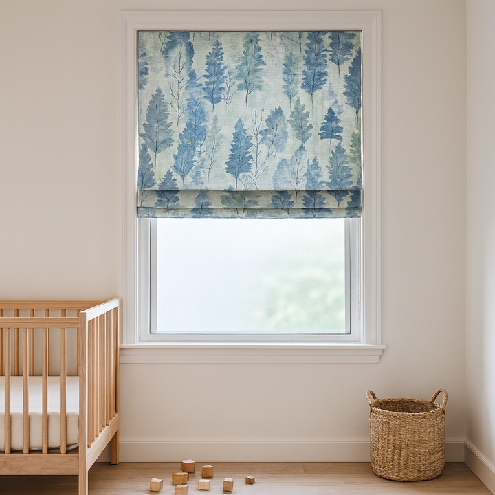 Custom Made-to-Measure Watercolour Woodland Linen Roman Blind – Blue & Sage Forest Print – Blackout or Light-Filtering – OEKO-TEX® Certified – Worldwide Delivery