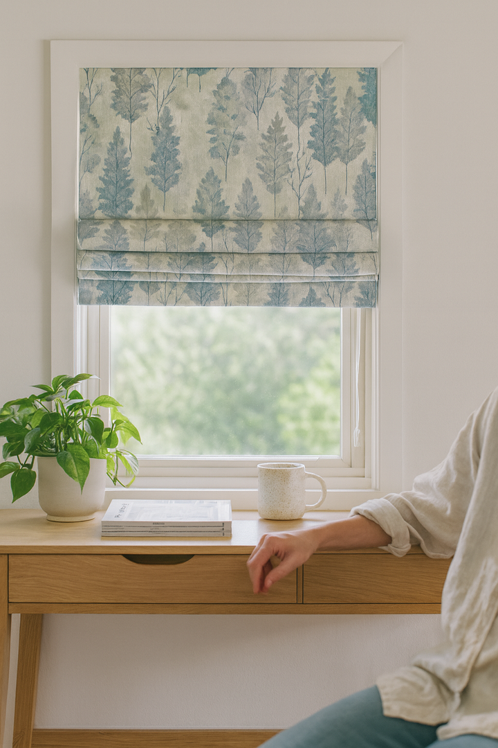 Custom Made-to-Measure Watercolour Woodland Linen Roman Blind – Blue & Sage Forest Print – Blackout or Light-Filtering – OEKO-TEX® Certified – Worldwide Delivery
