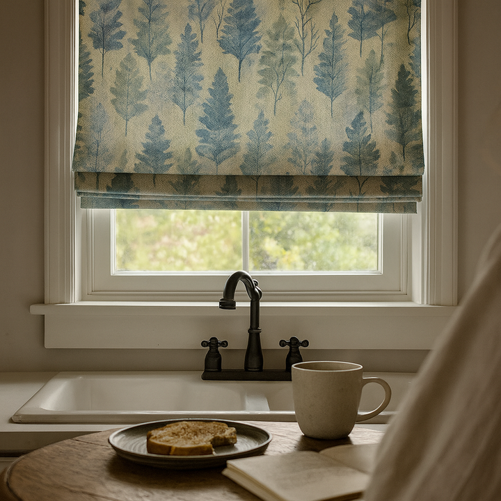 Custom Made-to-Measure Watercolour Woodland Linen Roman Blind – Blue & Sage Forest Print – Blackout or Light-Filtering – OEKO-TEX® Certified – Worldwide Delivery