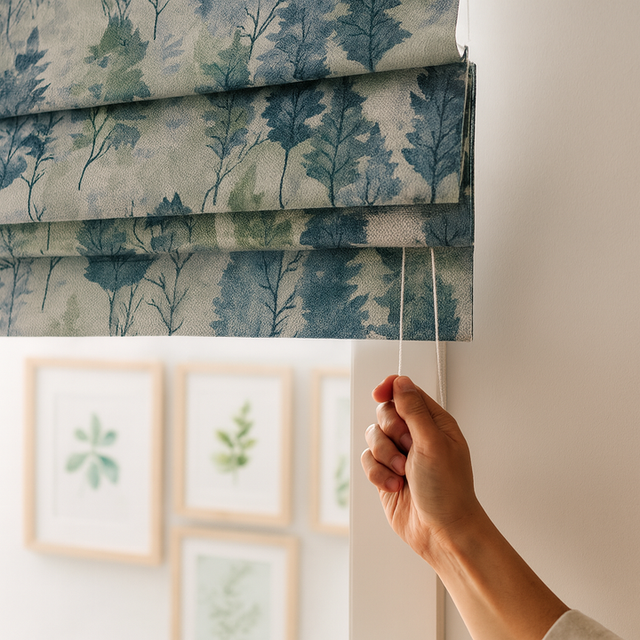 Custom Made-to-Measure Watercolour Woodland Linen Roman Blind – Blue & Sage Forest Print – Blackout or Light-Filtering – OEKO-TEX® Certified – Worldwide Delivery